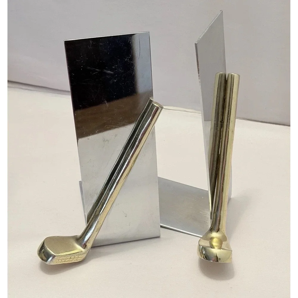 VTG MCM Chrome Golf Club Bookends Office Decor Silver Gold Metal Pair Retro Mod